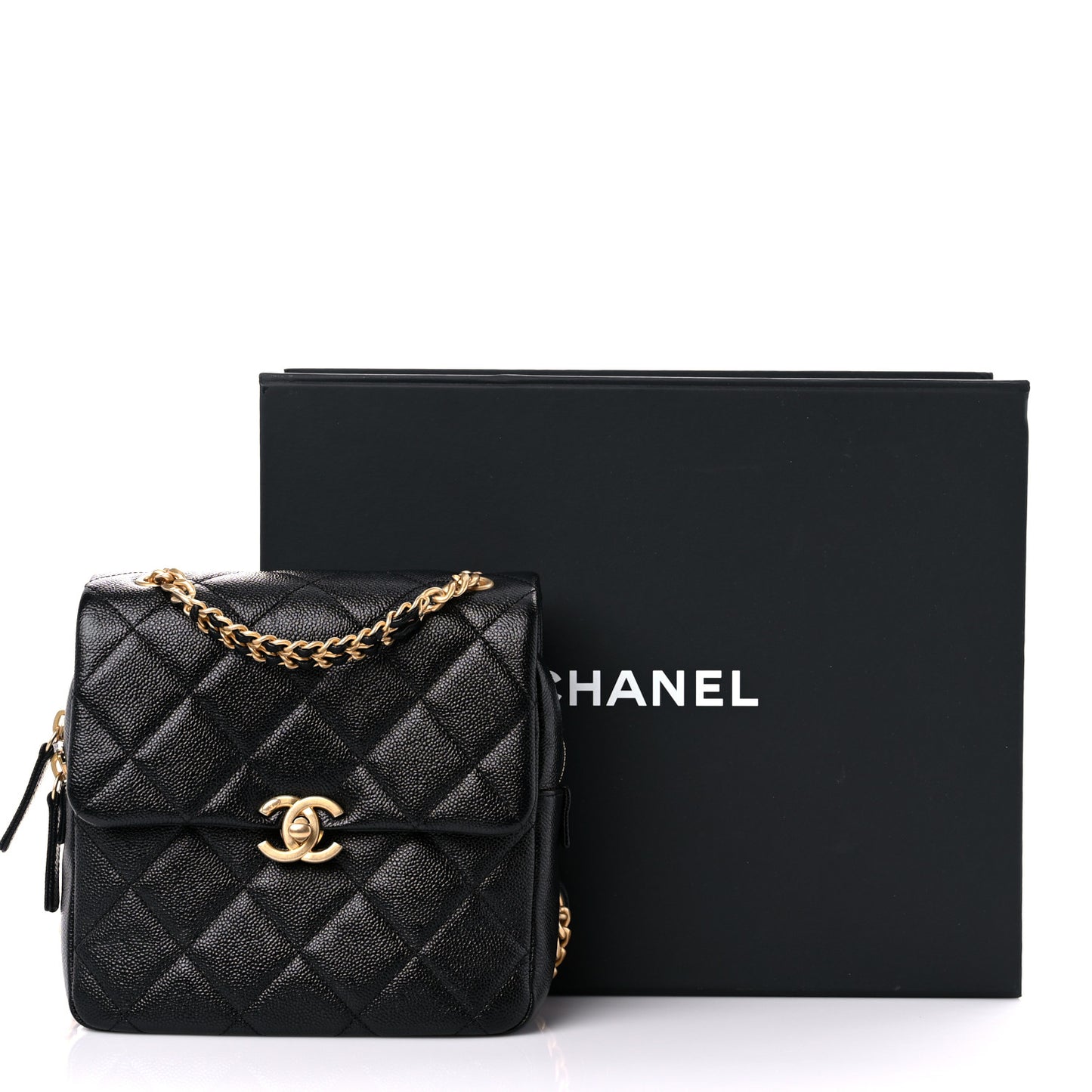 Shiny Caviar Quilted Chain Melody Backpack Black