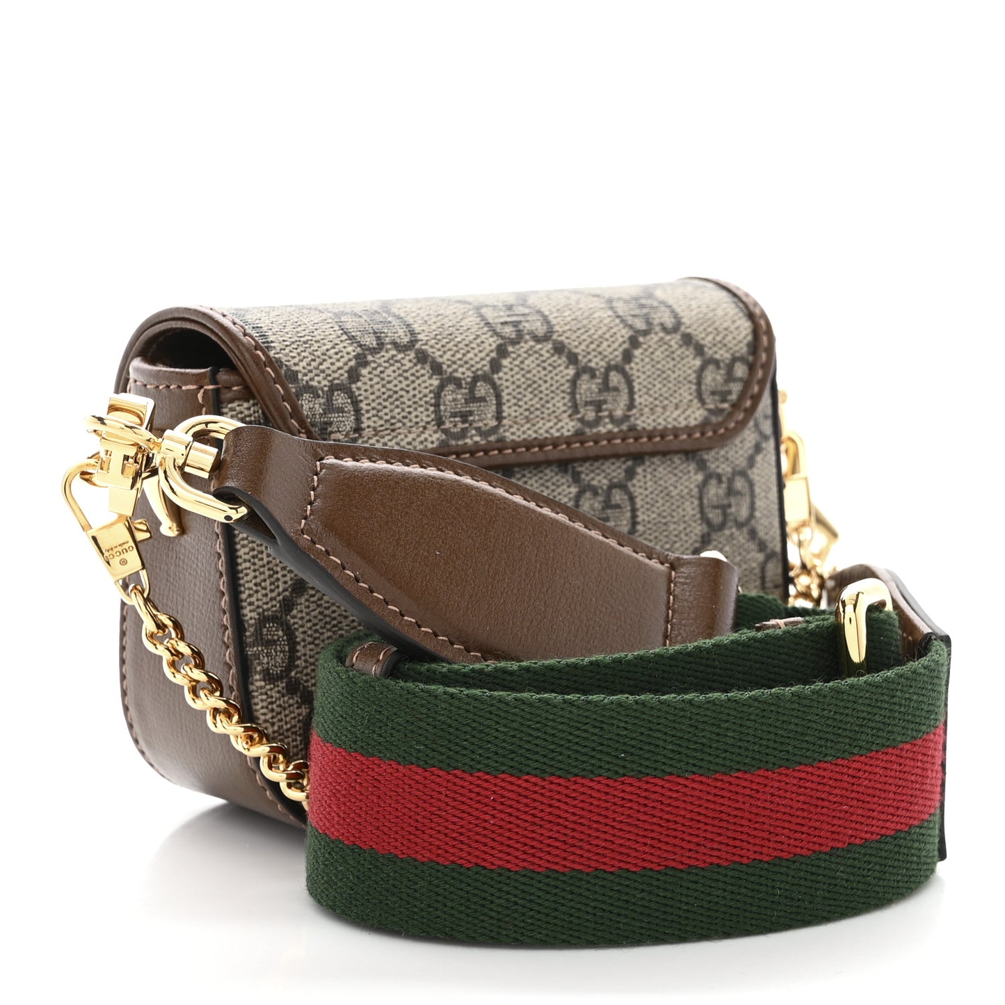 GG Supreme Monogram Azalea Calfskin Web Horsebit 1955 Wallet On Strap Beige Ebony Brown Sugar