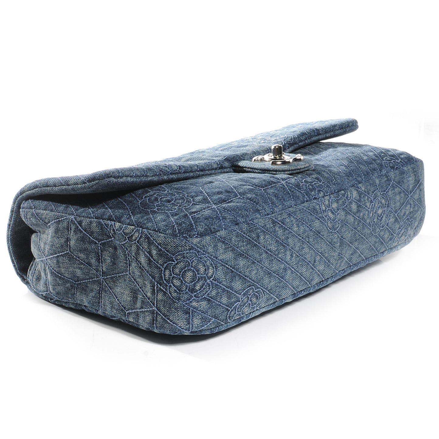 Denim Camellia Embroidered Large Flap Dark Blue