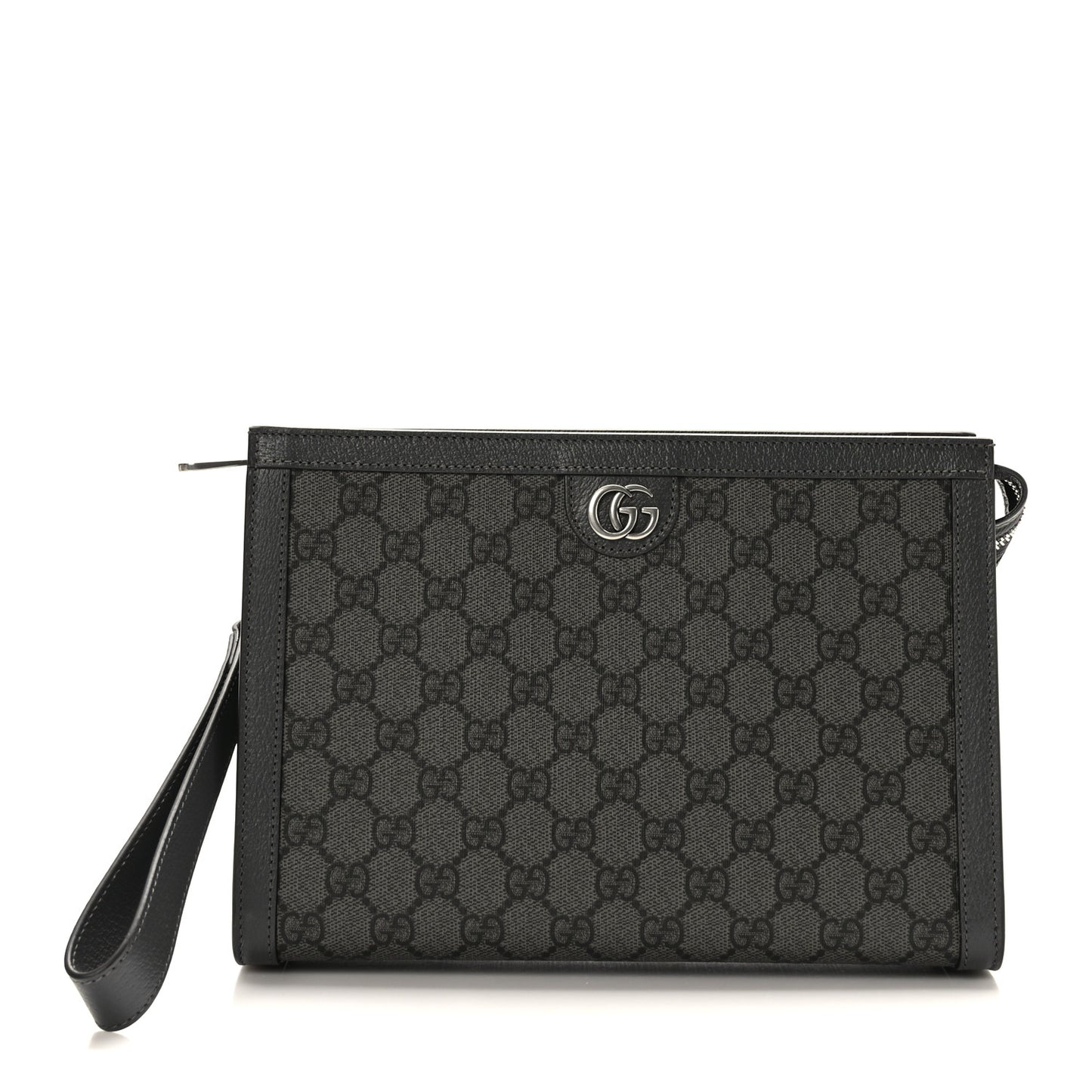 GG Supreme Monogram Textured Dollar Calfskin Ophidia Wristlet Pouch Grey Black Graphite Grey