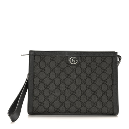 Gucci GG Supreme Monogram Textured Dollar Calfskin Ophidia Wristlet Pouch Grey Black Graphite Grey 1 of 9