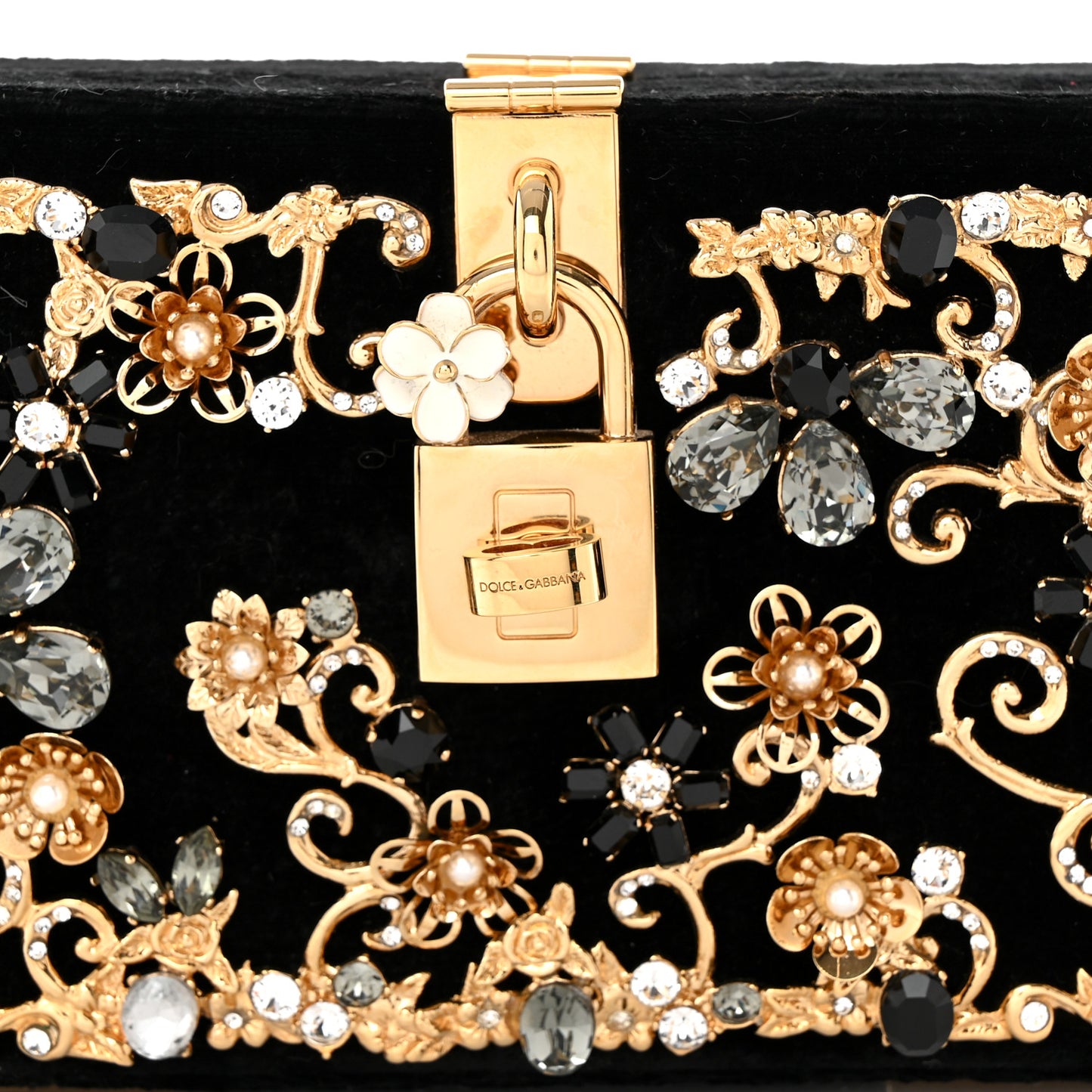 Velvet Crystal Floral Dolce Box Clutch Black