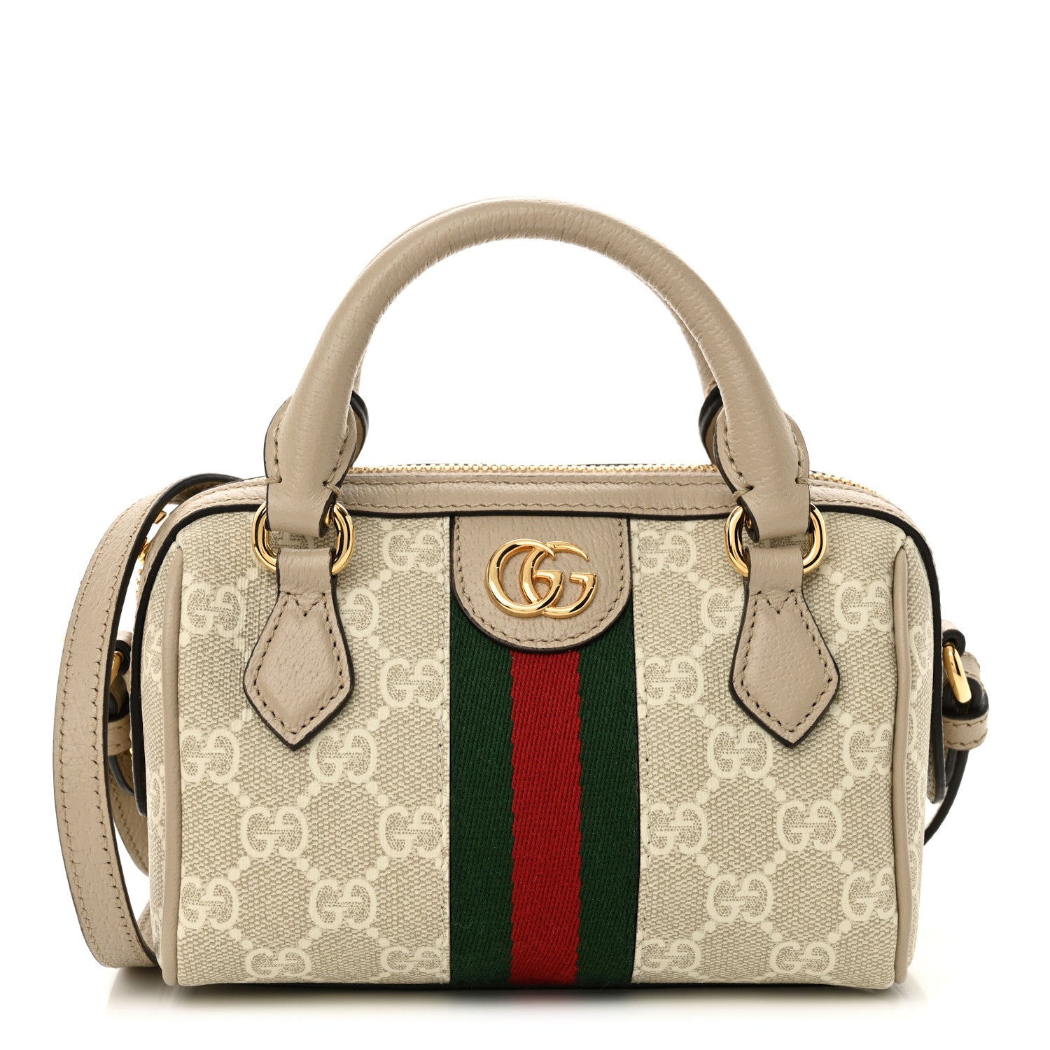 Gucci GG Supreme Monogram Textured Dollar Calfskin Web Super Mini Ophidia Top Handle Bowler Bag Beige Mystic White Oatmeal 1 of 10