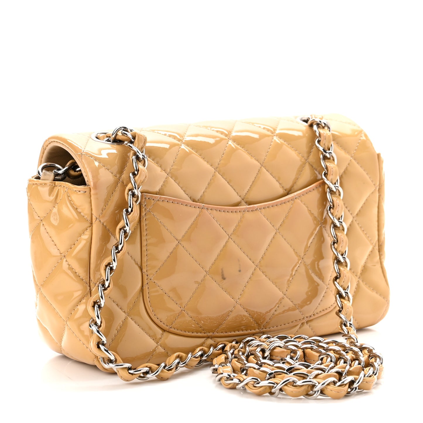 Patent Calfskin Quilted Mini Rectangular Flap Beige