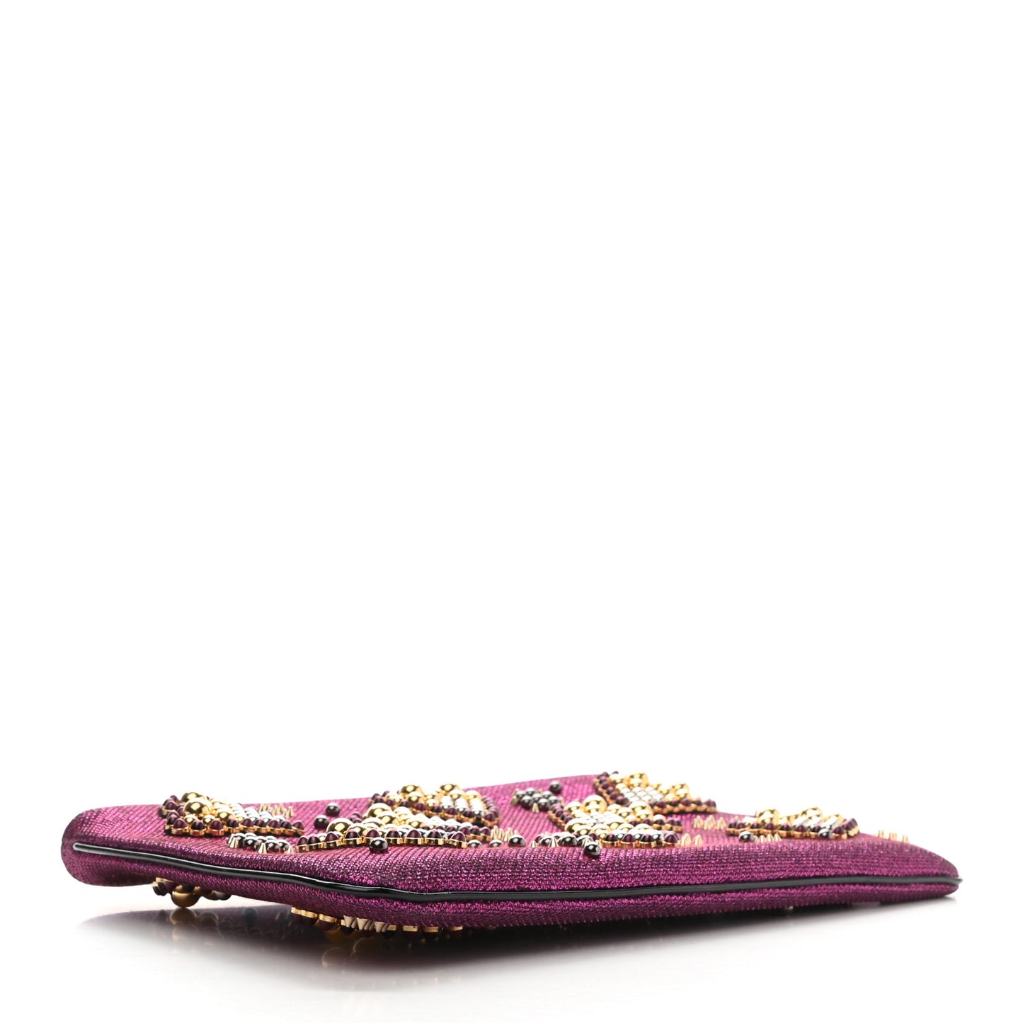 Metallic Raffia Studded Loubiposh Chain Clutch Magenta
