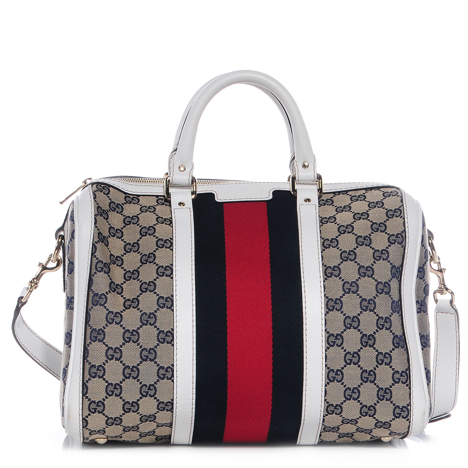 Gucci Monogram Selleria Calfskin Vintage Web Medium Boston Beige Blue Mystic White 1 of 8