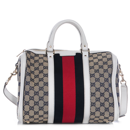 Gucci Monogram Selleria Calfskin Vintage Web Medium Boston Beige Blue Mystic White 1 of 8