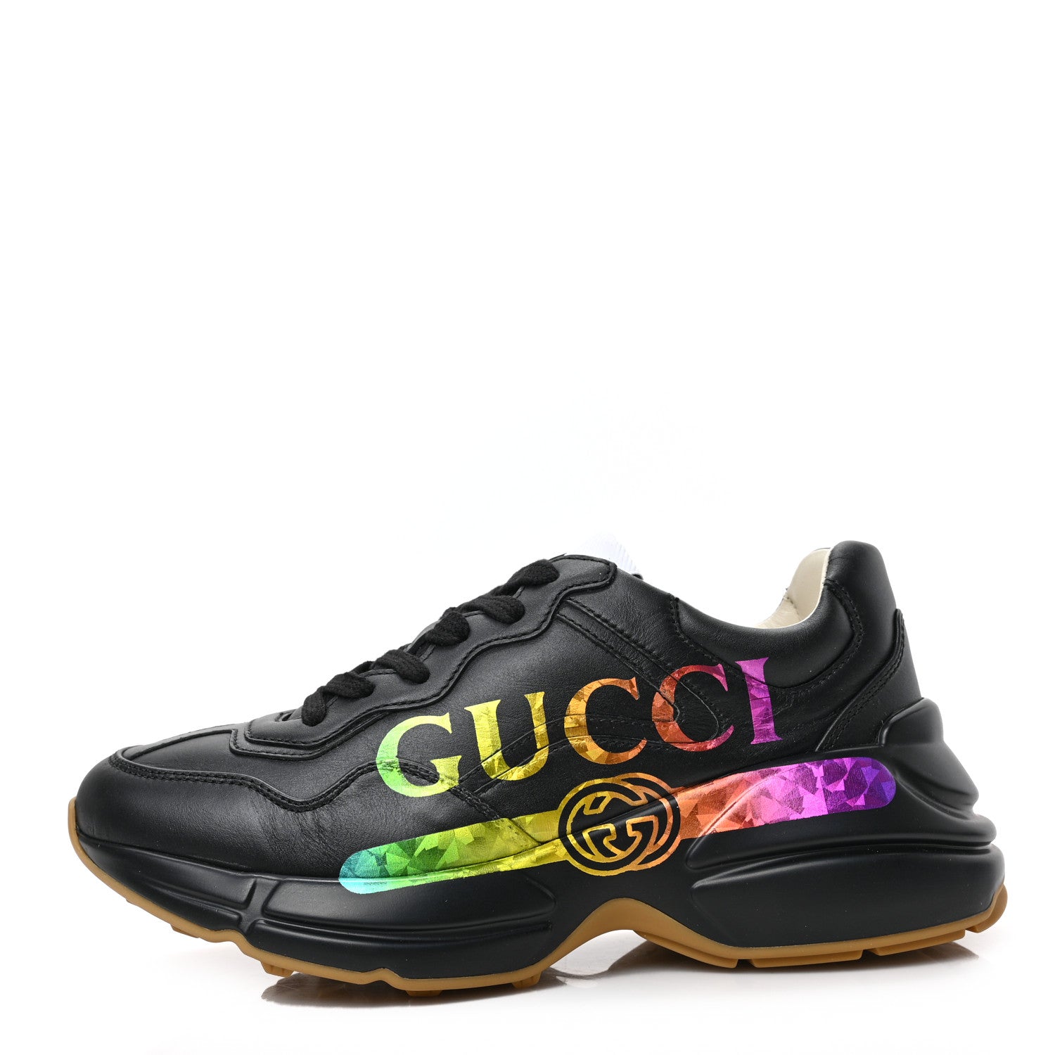 Gucci Calfskin Iridescent Logo Womens Rhyton Sneakers 35 Black 1 of 8