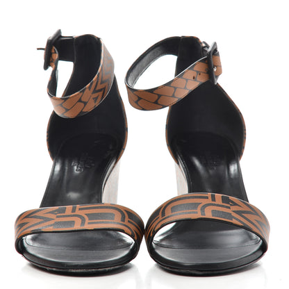 Hermes Calfskin Printed Acapulco Wedge Sandals 37 Black Naturel 2 of 11