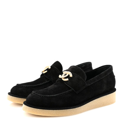 Chanel Suede Calfskin Pearl CC Moccasin Loafers 40 Black 4 of 9