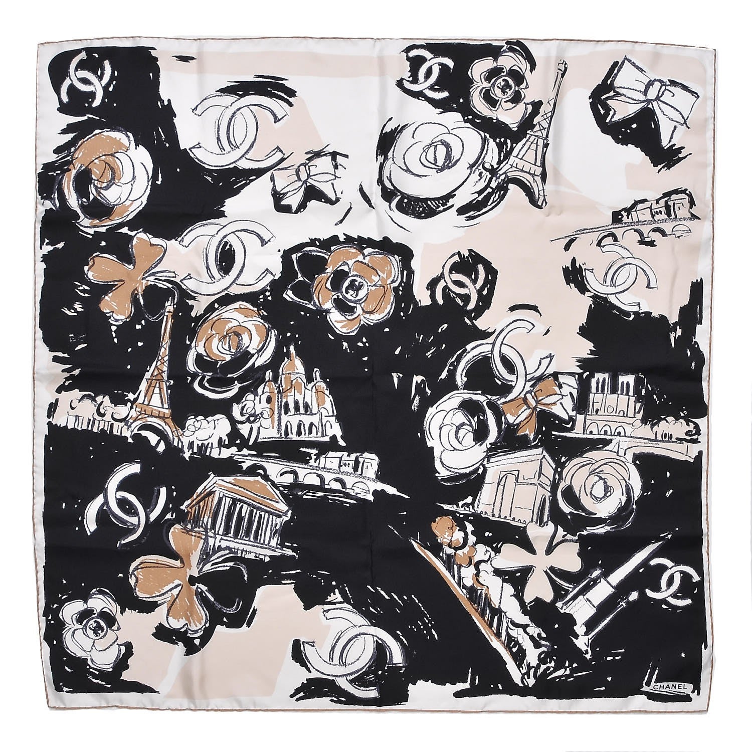 Chanel Silk CC Paris Scarf Black Beige 1 of 5