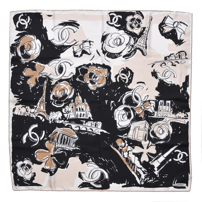 Chanel Silk CC Paris Scarf Black Beige 1 of 5
