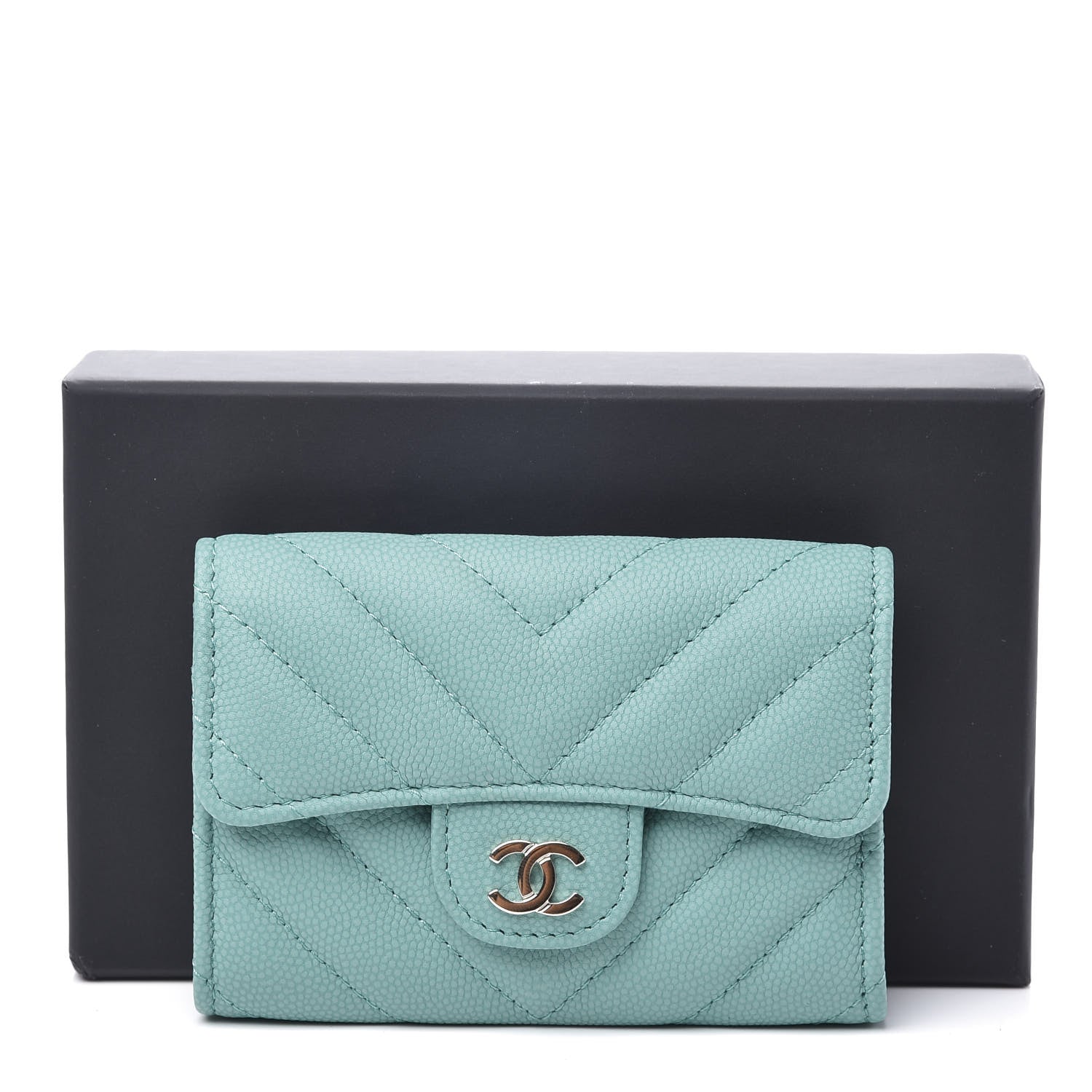 Chanel Caviar Chevron Quilted Card Holder Wallet Turquoise 10 of 10