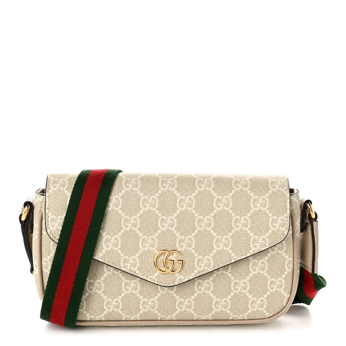 Gucci GG Supreme Monogram Textured Dollar Calfskin Web Mini Ophidia Envelope Shoulder Bag Beige Mystic White Oatmeal 1 of 10