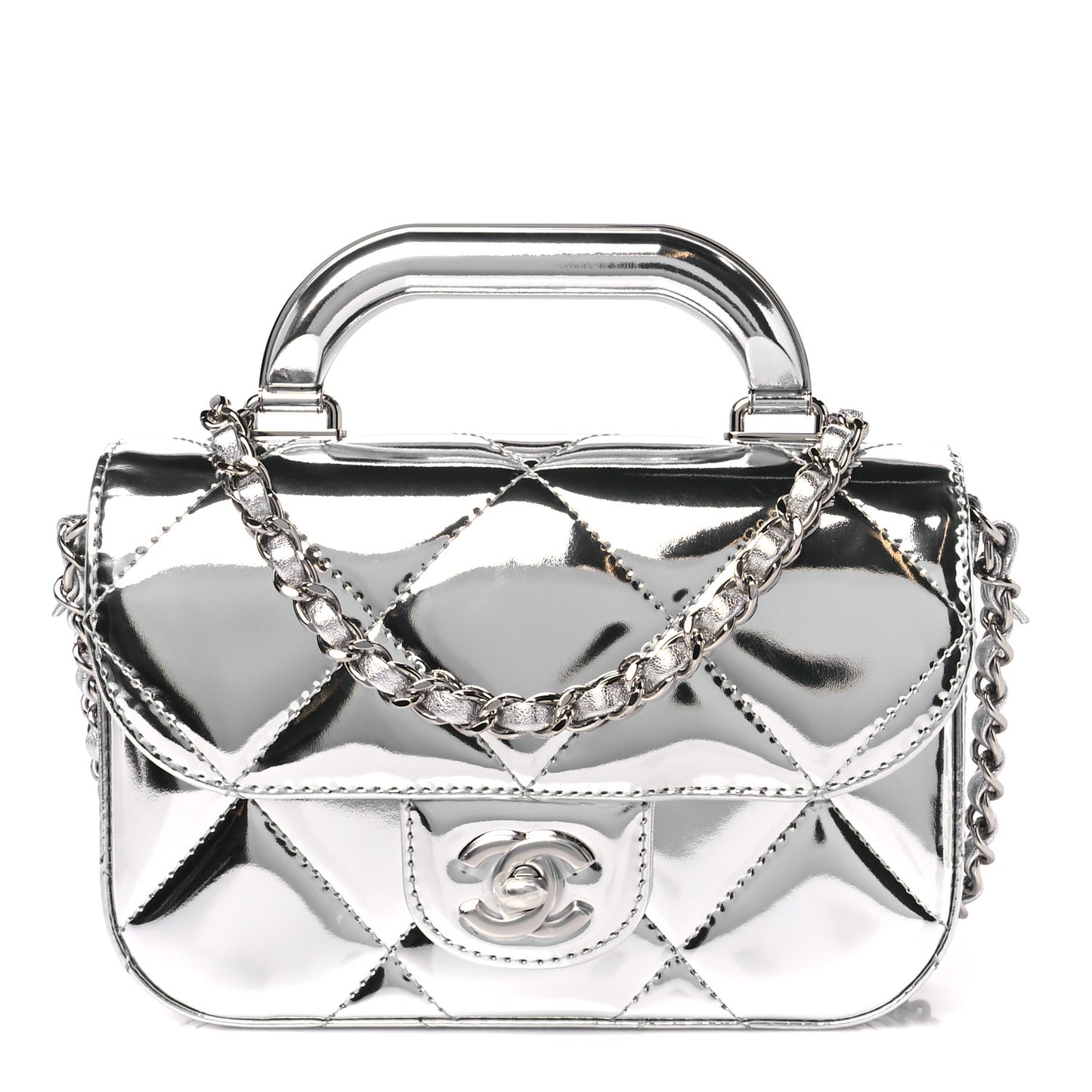 Mirror Calfskin Small Top Handle Clutch With Chain Silver