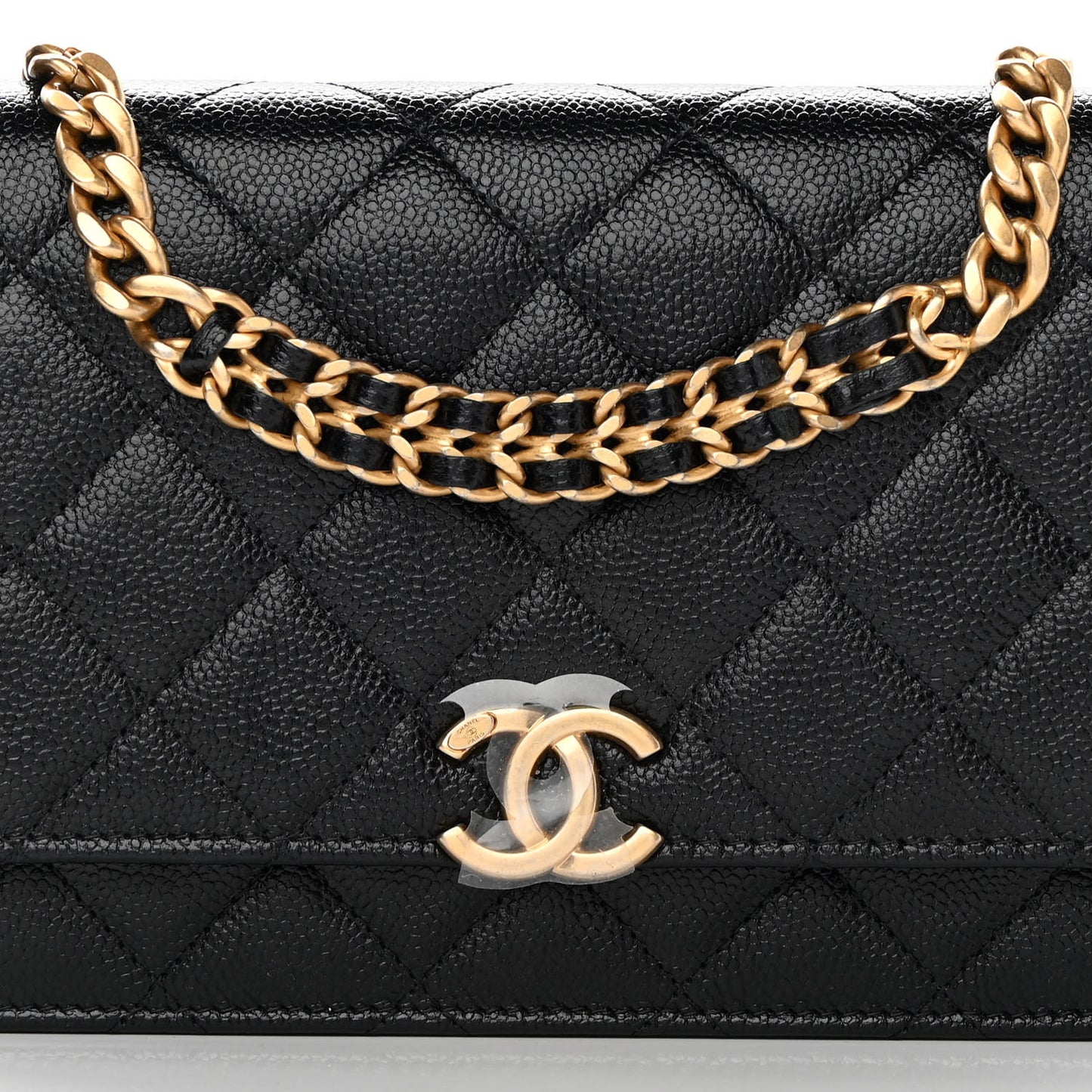 Shiny Caviar Quilted Chain Melody Wallet On Chain WOC Black