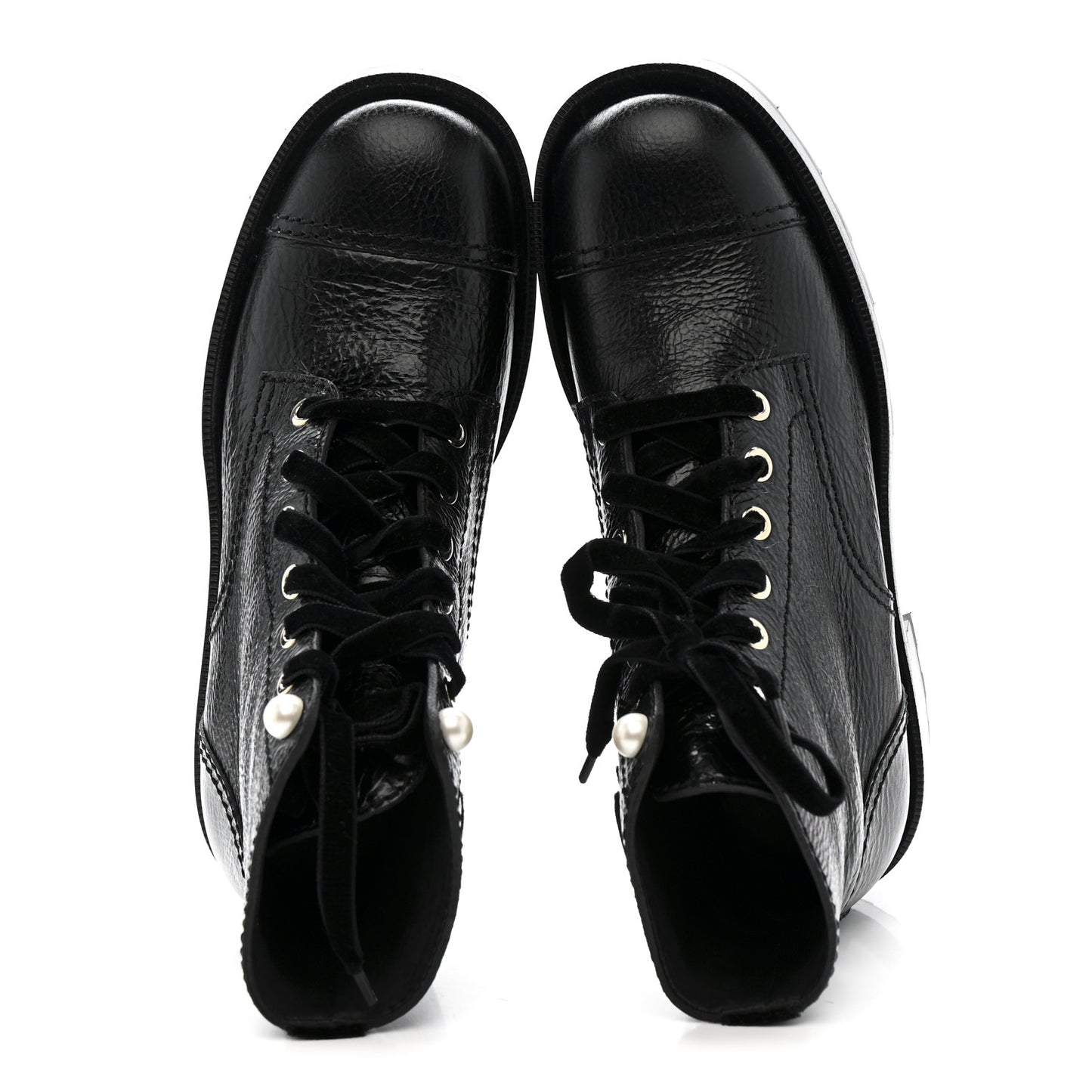 Shiny Calfskin Velvet Pearl Combat Short Boots 38 Black