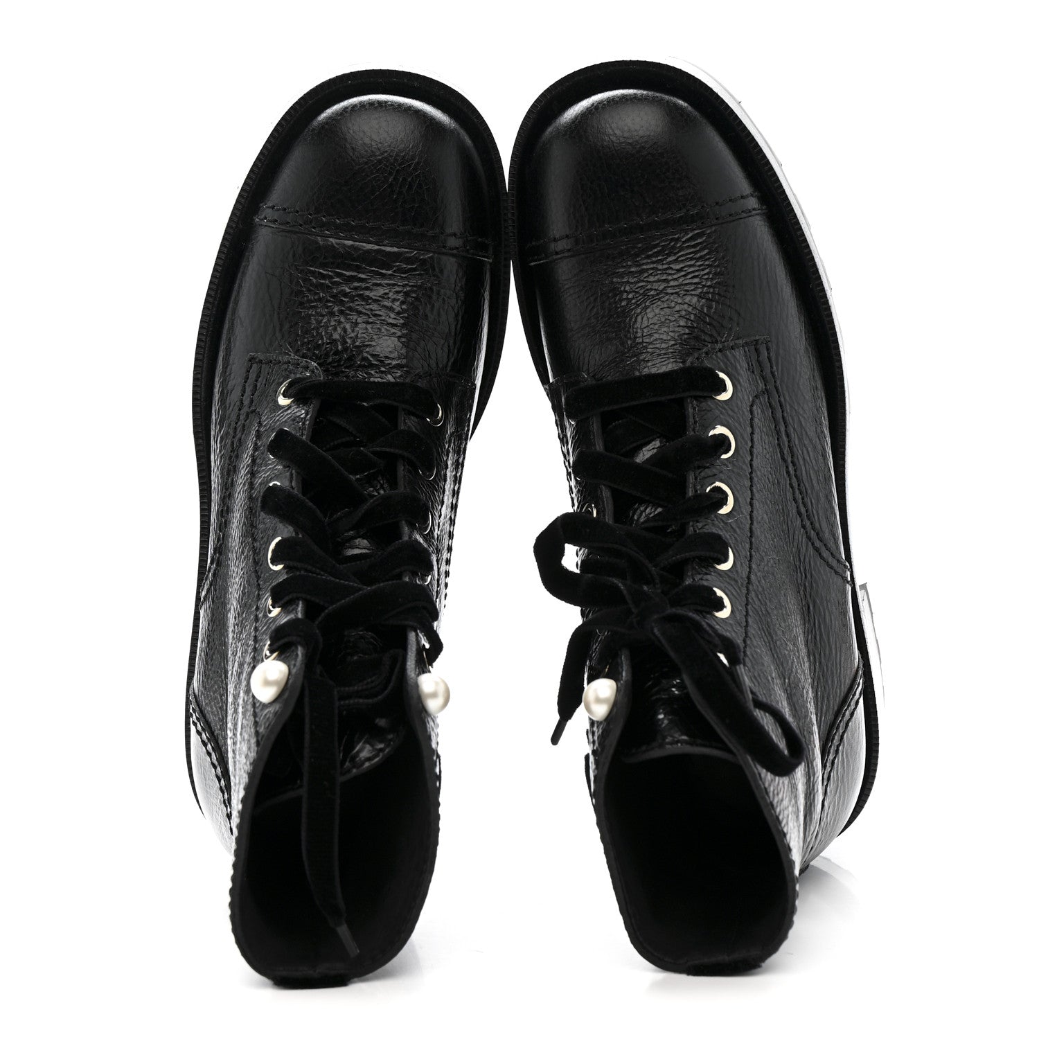 Chanel Shiny Calfskin Velvet Pearl Combat Short Boots 38 Black 3 of 10