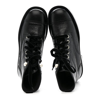 Chanel Shiny Calfskin Velvet Pearl Combat Short Boots 38 Black 3 of 10