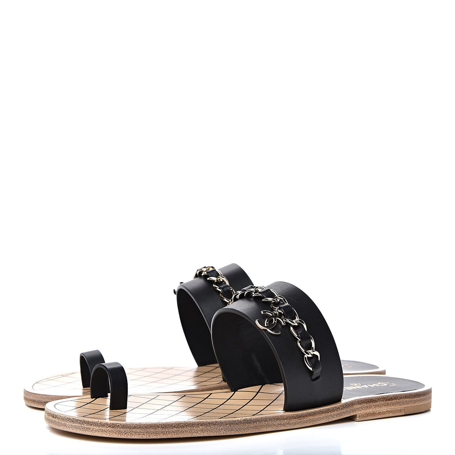 Calfskin Chain CC Logo Toe Ring Sandals 39.5 Black