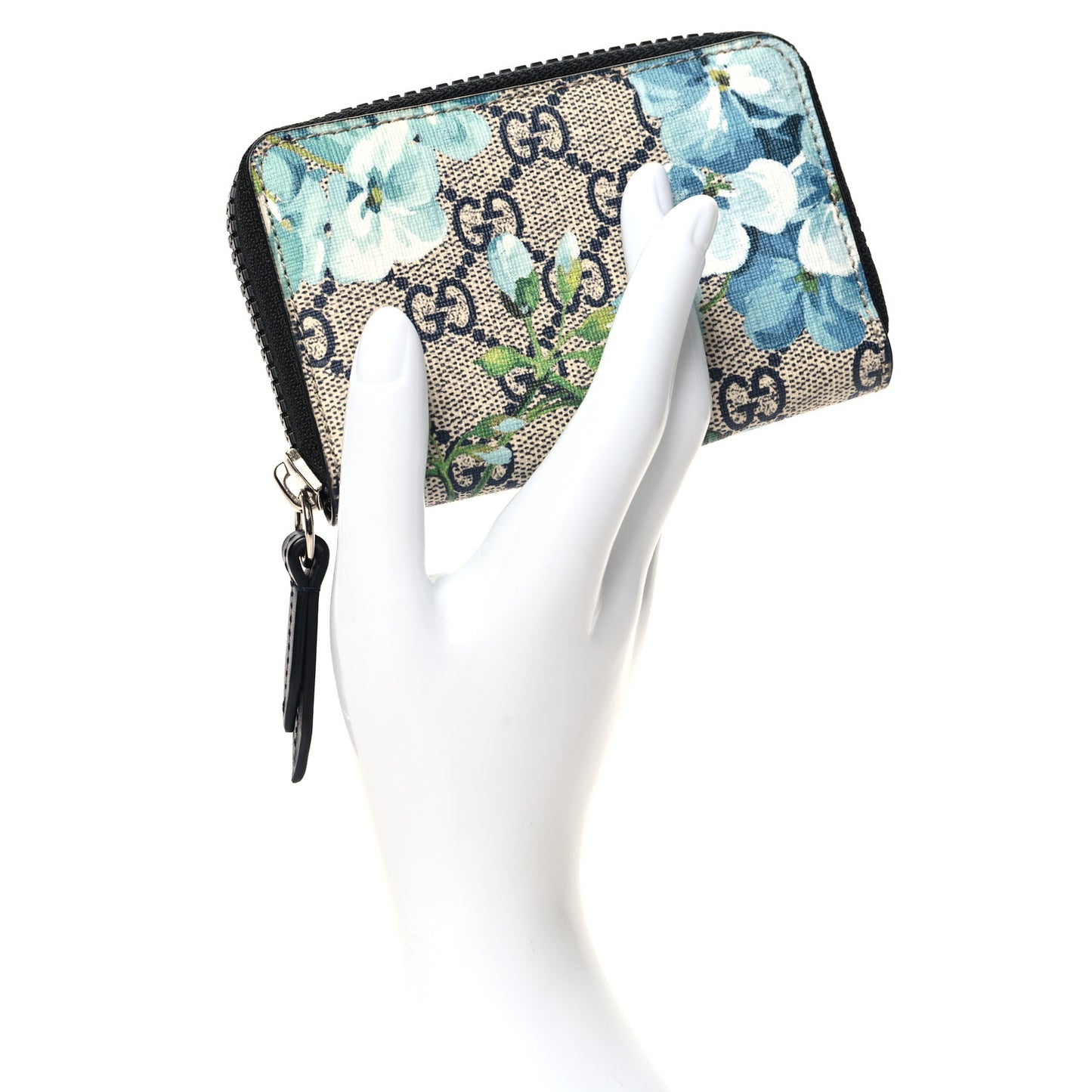 GG Supreme Monogram Blooms Zip Around Card Case Wallet Beige Blue Navy