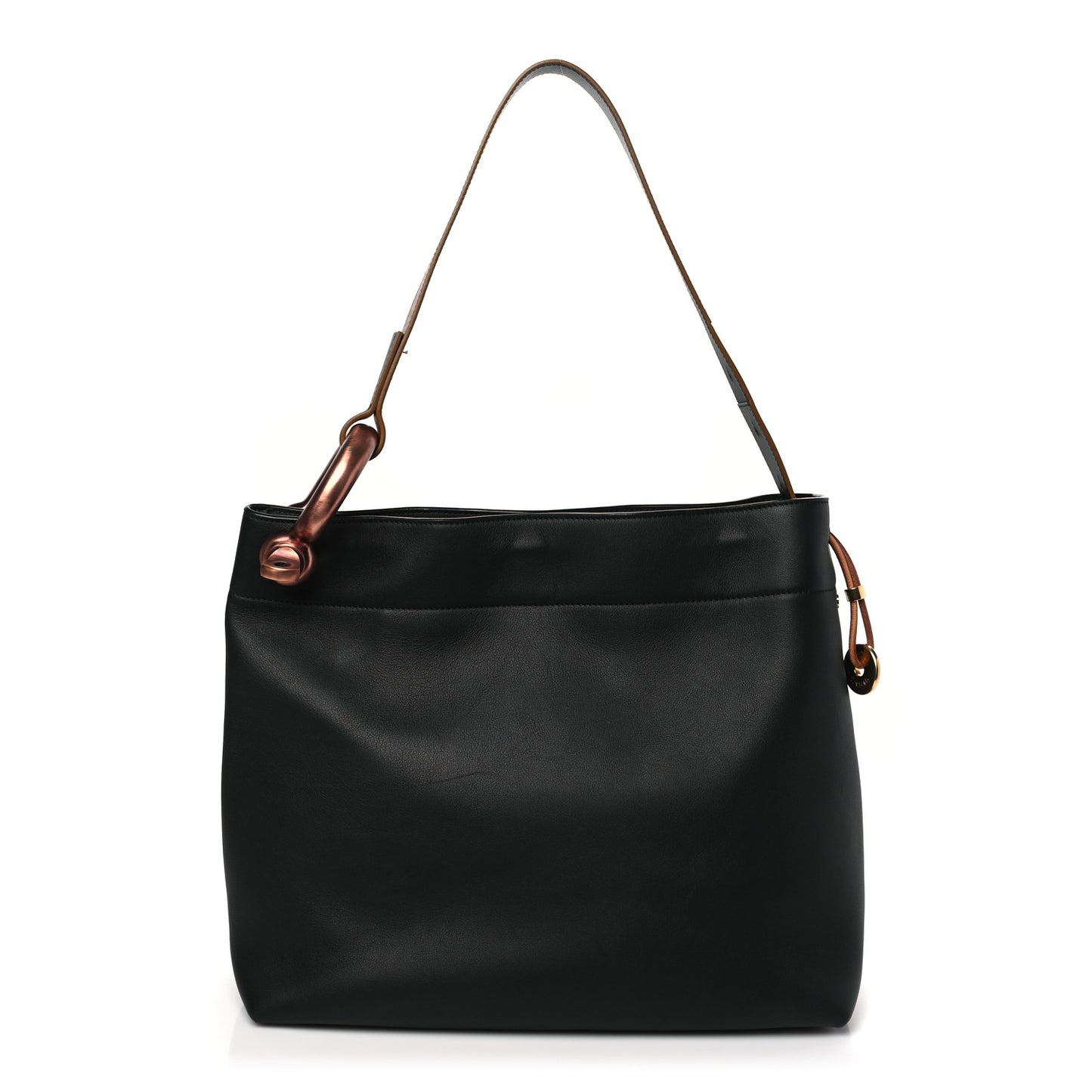 Calfskin Fisherman Hook Drawstring Hobo Bag Black