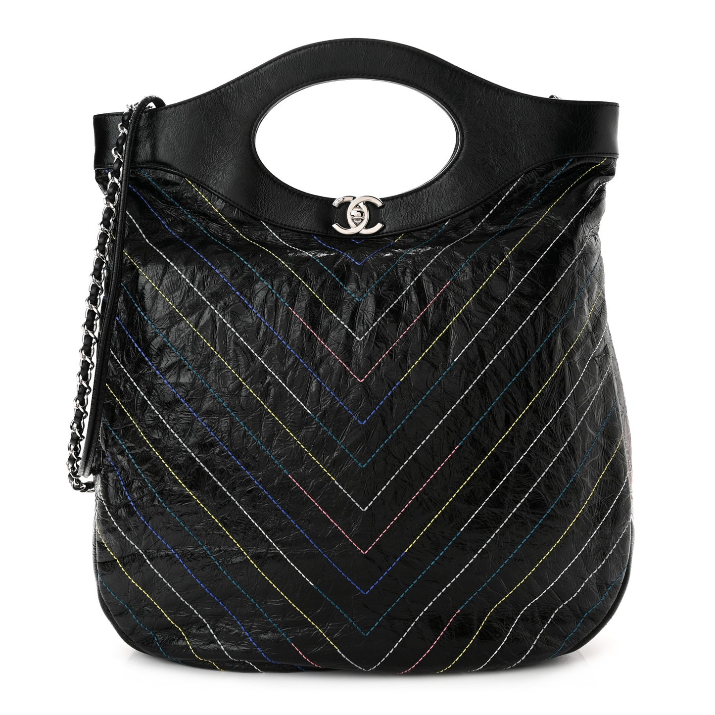 Glazed Calfskin Chevron Stitched Large 31 Shopping Bag Black Multicolor