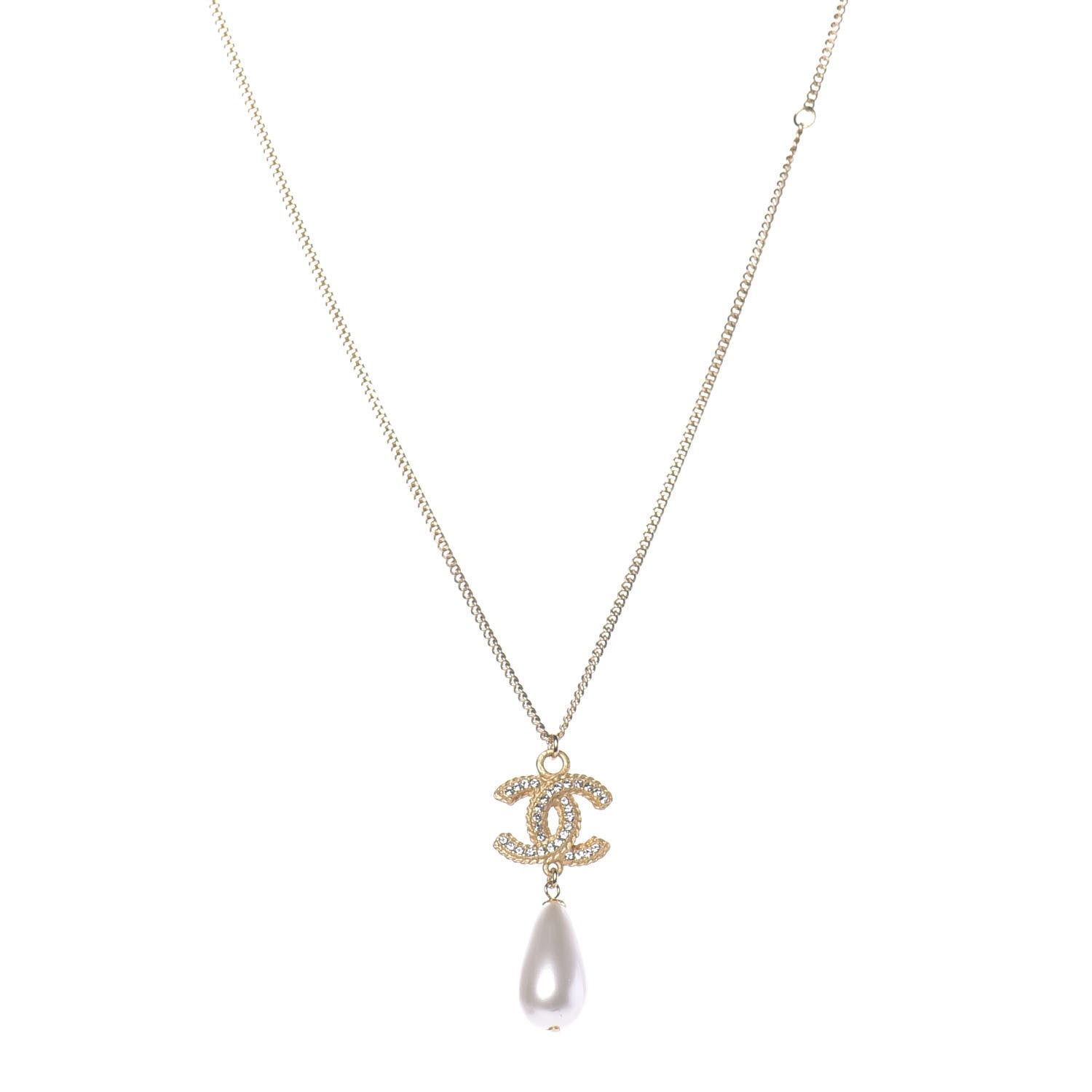 Chanel Pearl Crystal CC Drop Necklace Gold 1 of 7