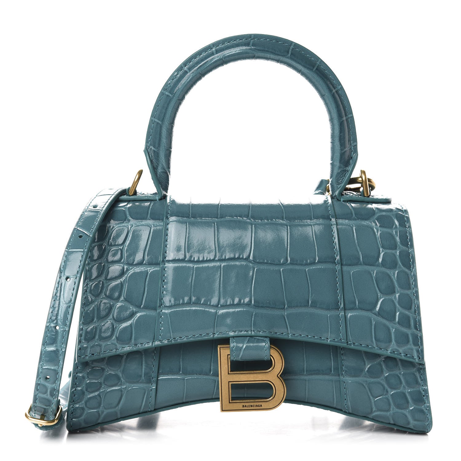 Balenciaga Shiny Calfskin Crocodile Embossed Hourglass Top Handle Bag XS Dark Turquoise 1 of 9