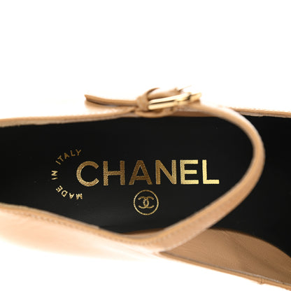 Chanel Shiny Goatskin Pearls Cap Toe Open Slingback Pumps 35 Beige Black 7 of 9