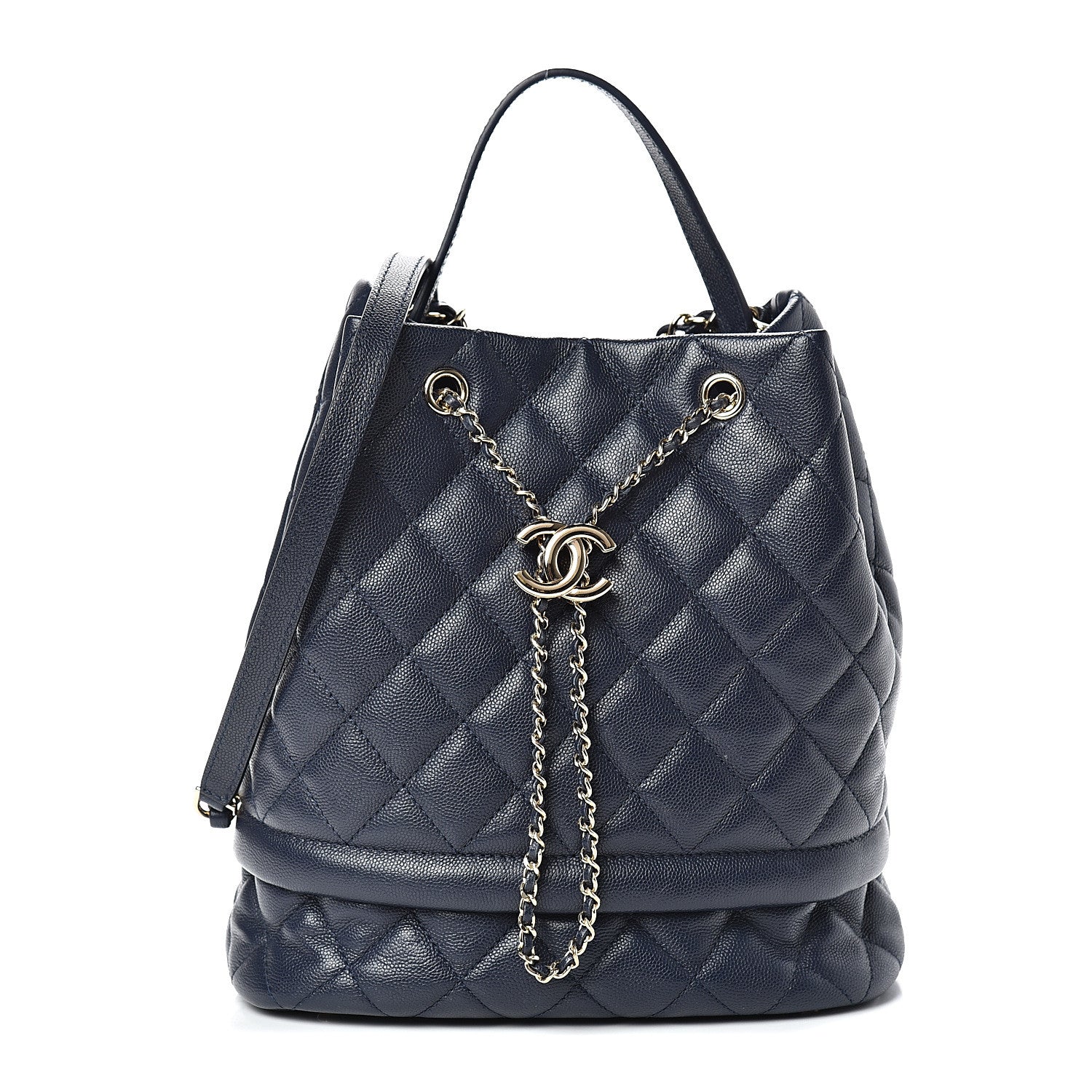 Chanel Caviar Quilted Rolled Up Bucket Drawstring Bag Navy 1 of 9