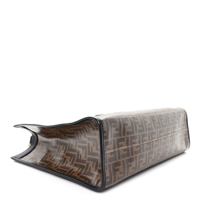Fendi Glazed Fabric Vitello Century Plexiglass FF 1974 Stamp Patch Medium Runaway Shopper Tote Mogano Panna Black 4 of 12