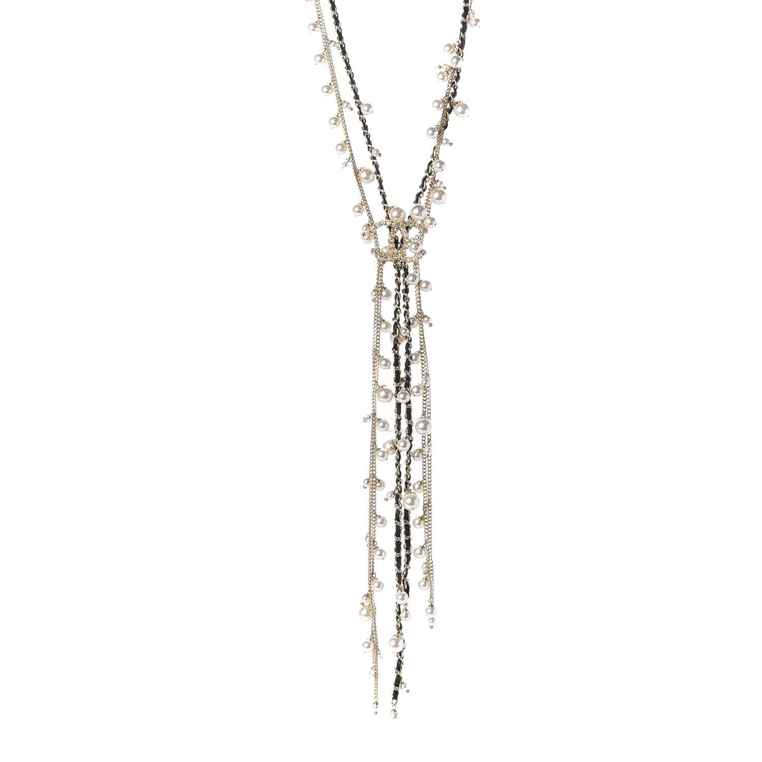 Chanel Lambskin Crystal Pearl Chain Necklace Black Gold 1 of 4