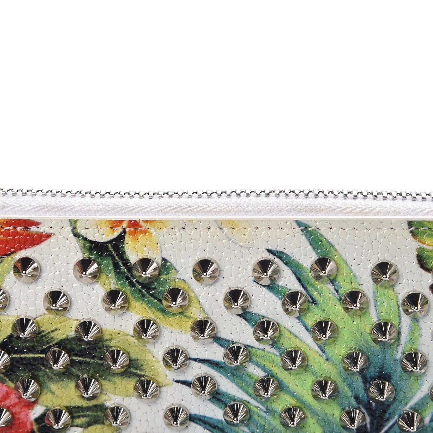 Christian Louboutin Crackled Calfskin Hawaii Print Panettone Spikes Zip Around Wallet White Silver 7 of 8