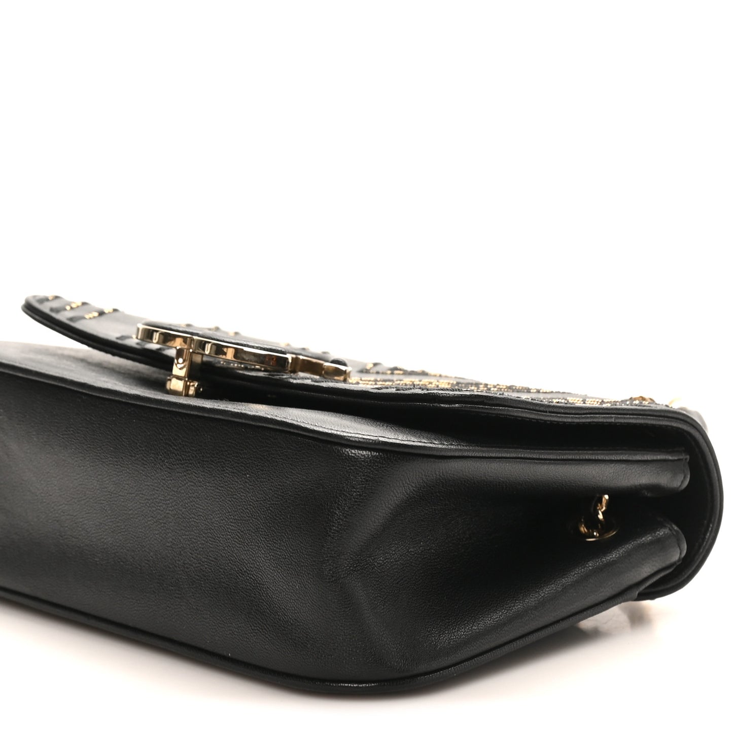 Calfskin Chevron Beaded Chain Mini Square Flap Black