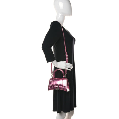 Balenciaga Metallic Shiny Calfskin Crocodile Embossed Hourglass Top Handle Bag XS Pink 2 of 18