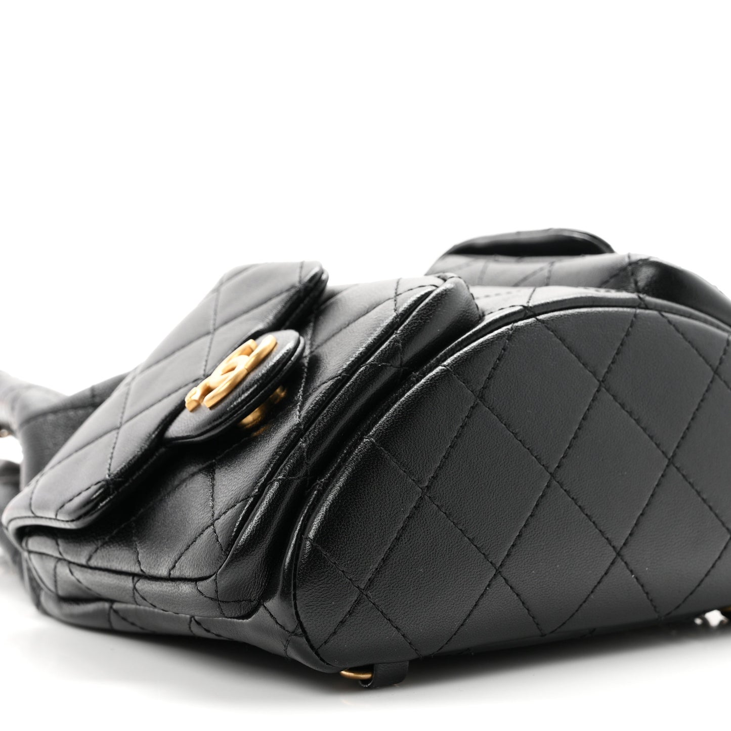 Shiny Lambskin Quilted Double Pocket Backpack Black