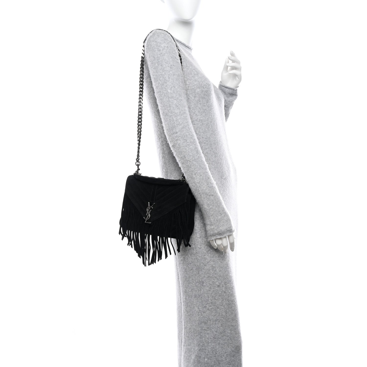 Saint Laurent Suede Matelasse Chevron Fringe Monogram Medium College Bag Black 2 of 11