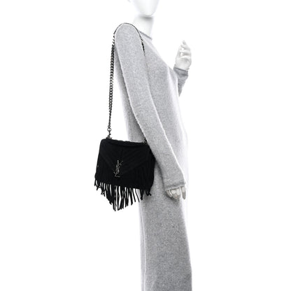 Saint Laurent Suede Matelasse Chevron Fringe Monogram Medium College Bag Black 2 of 11
