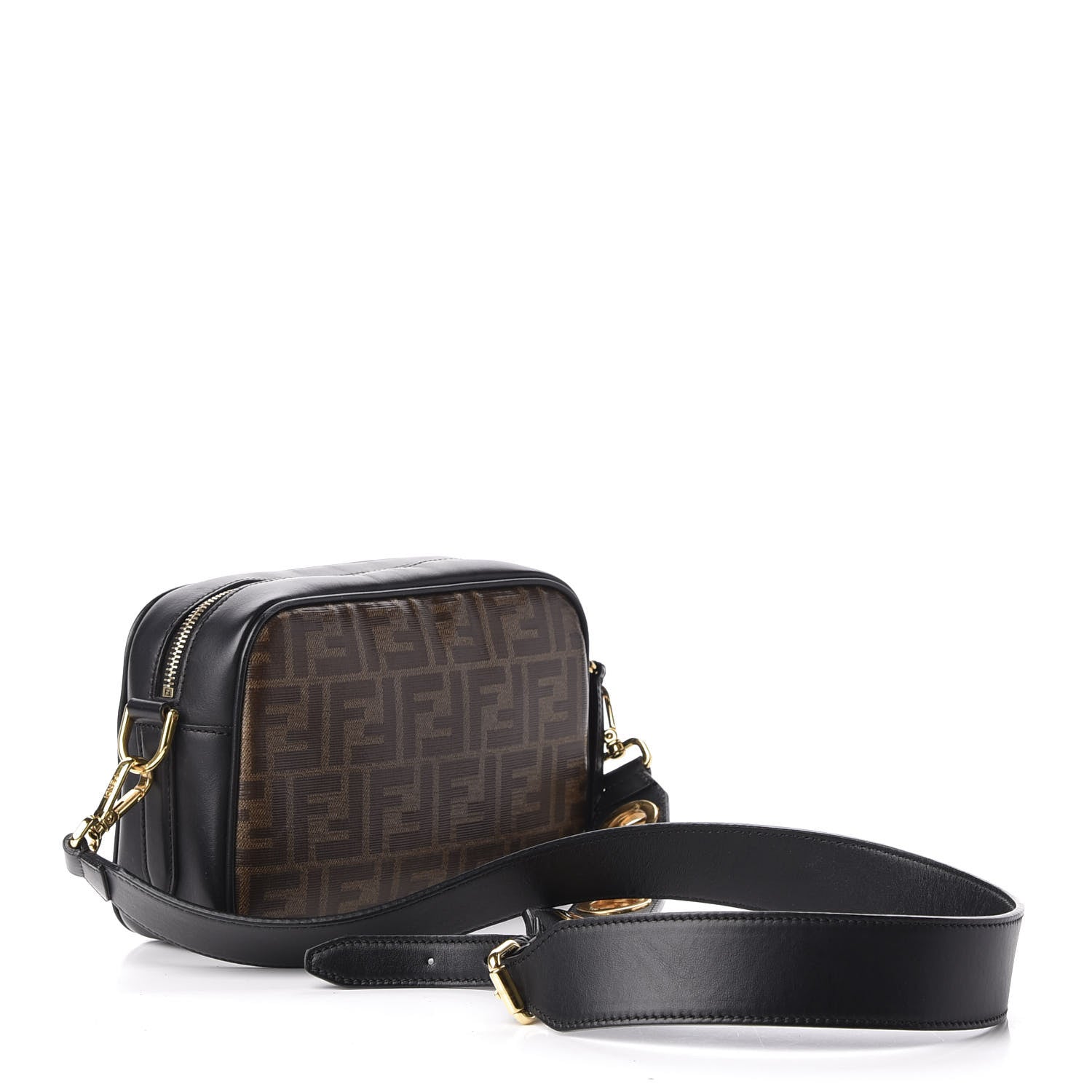 Fendi Glazed Fabric Vitello Century F is Fendi FF 1974 Stamp Patch Camera Case Mogano Panna Black 3 of 12