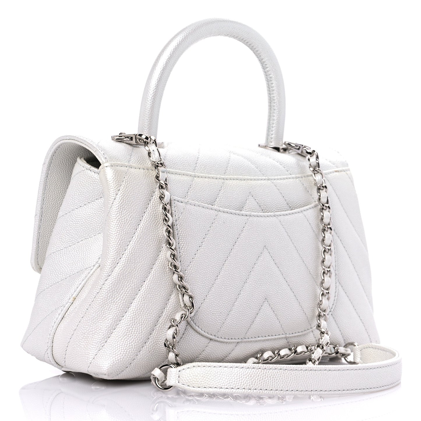 Iridescent Caviar Chevron Quilted Mini Coco Handle Flap White