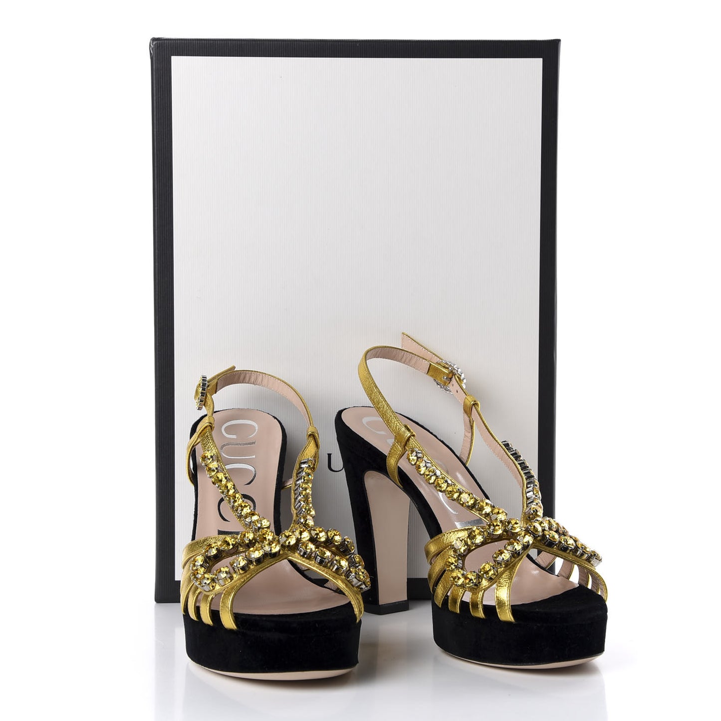 Velvet Nappa Crystal Zephyra Slingback Platform High Heel Sandals 36 Black Gold
