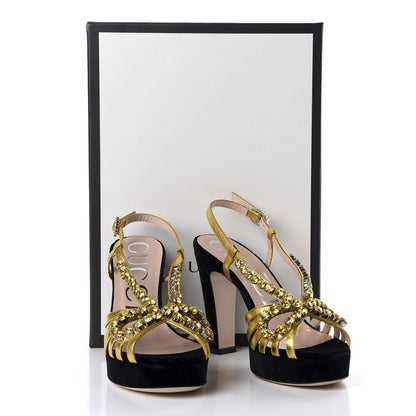 Gucci Velvet Nappa Crystal Zephyra Slingback Platform High Heel Sandals 36 Black Gold 9 of 9