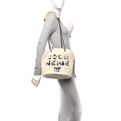 Chanel Shearling Sheepskin Tweed Large Coco Neige Tote White Black 3 of 11