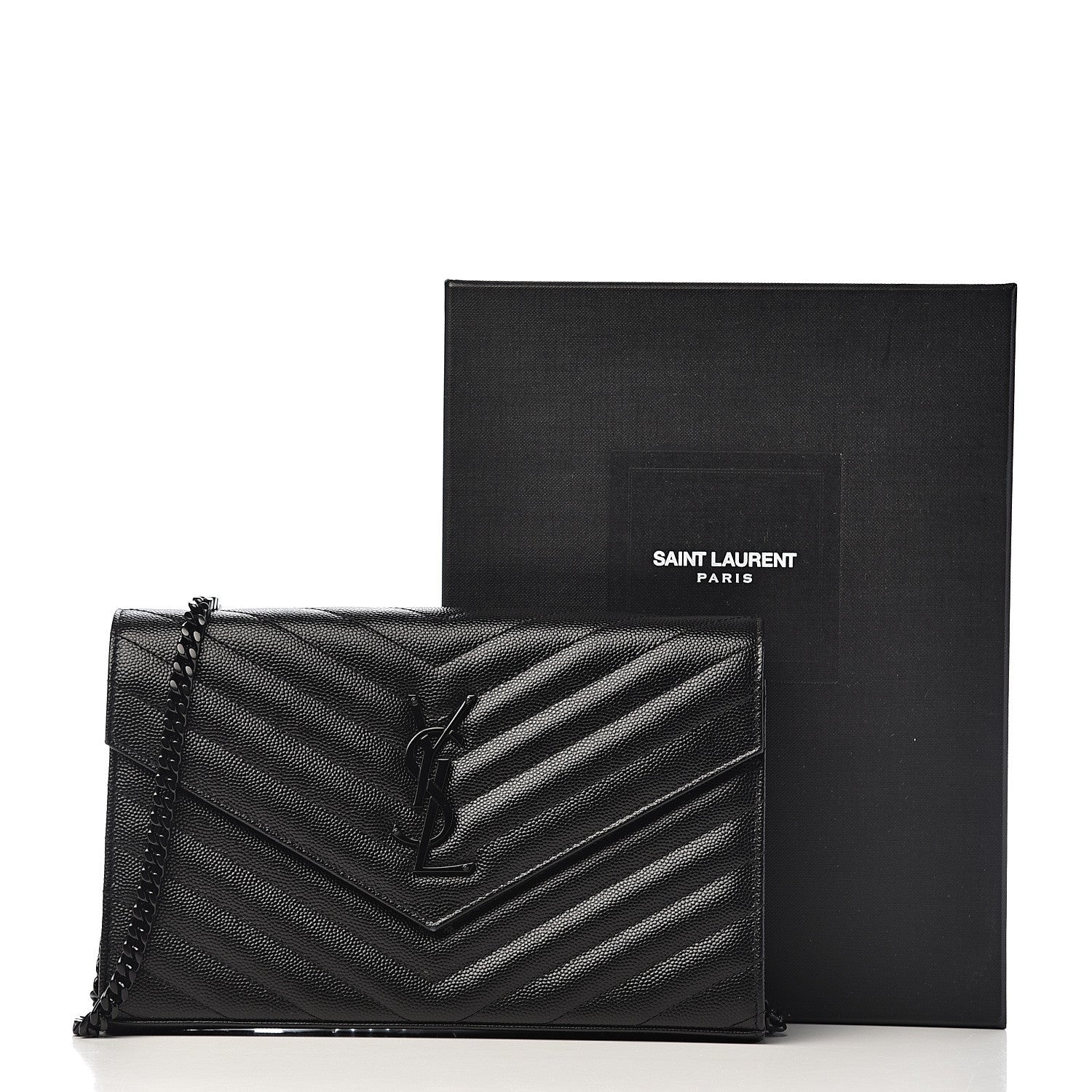 Saint Laurent Grain De Poudre Matelasse Chevron Monogram Chain Wallet Black 12 of 12