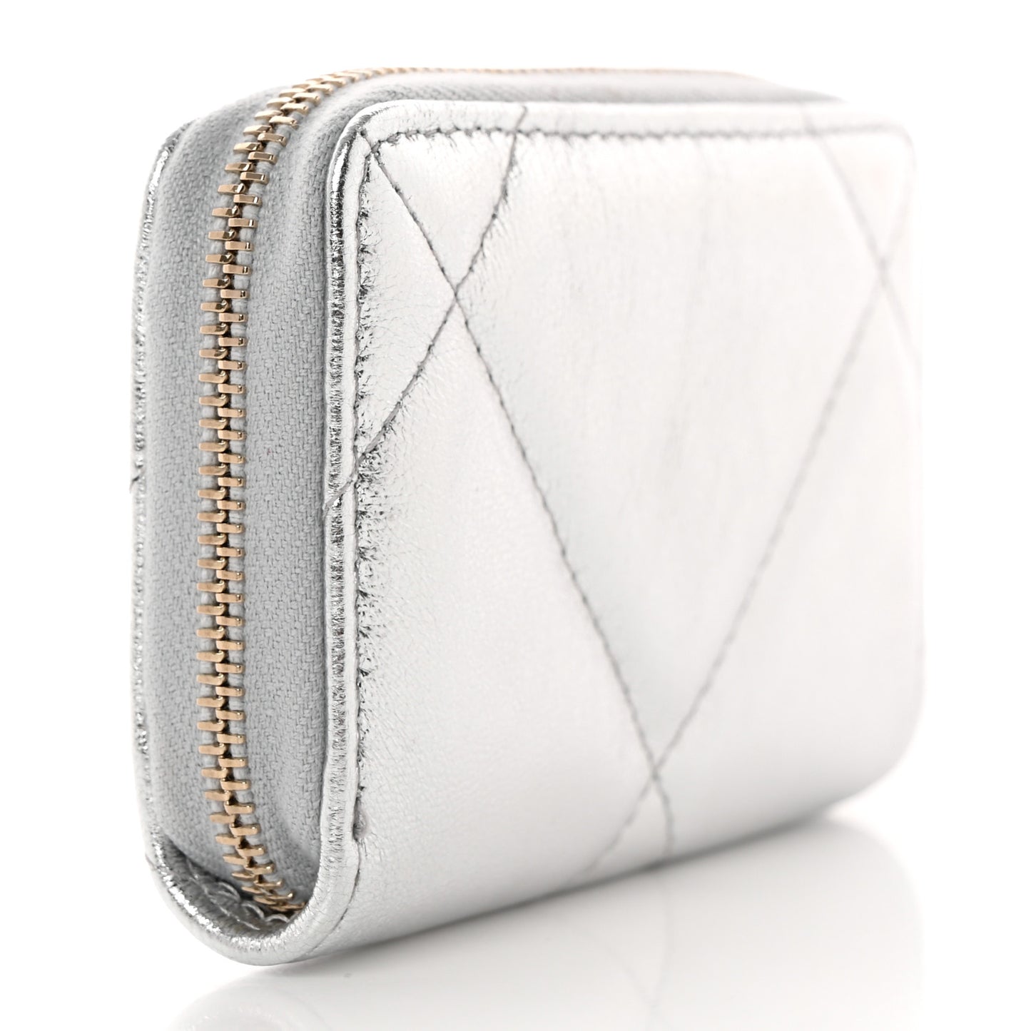 Metallic Lambskin Quilted Chanel 19 Zip Around Coin Purse Wallet Silver