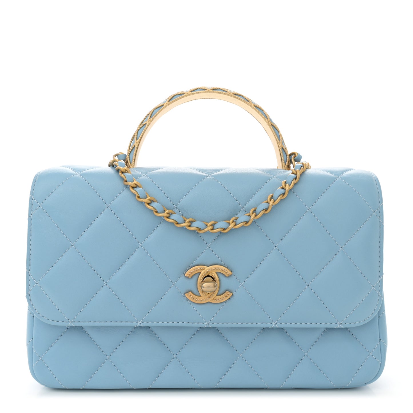 Lambskin Metal Quilted Twist Top Handle Flap With Chain Light Blue