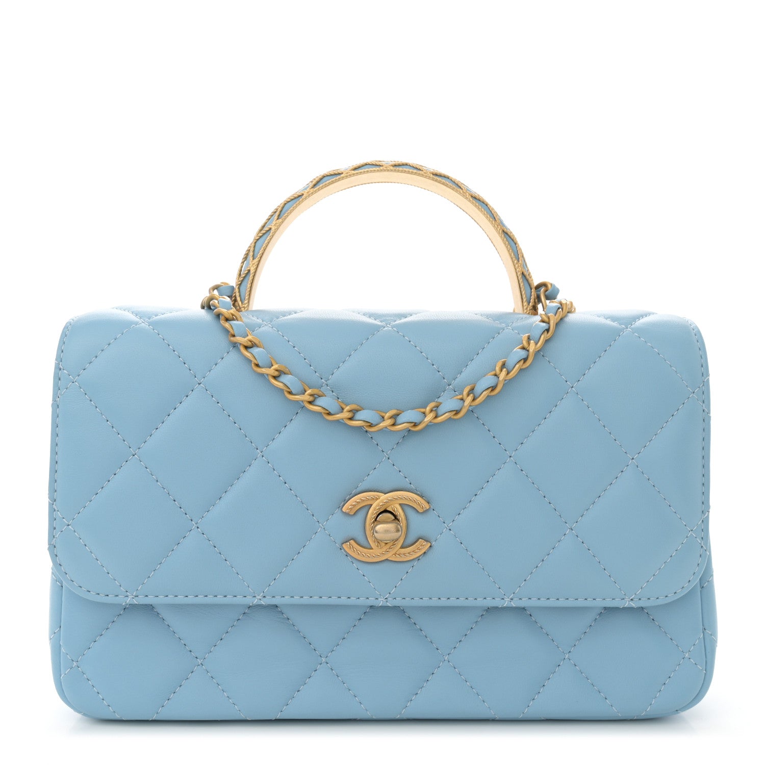 Chanel Lambskin Metal Quilted Twist Top Handle Flap With Chain Light Blue 1 of 11