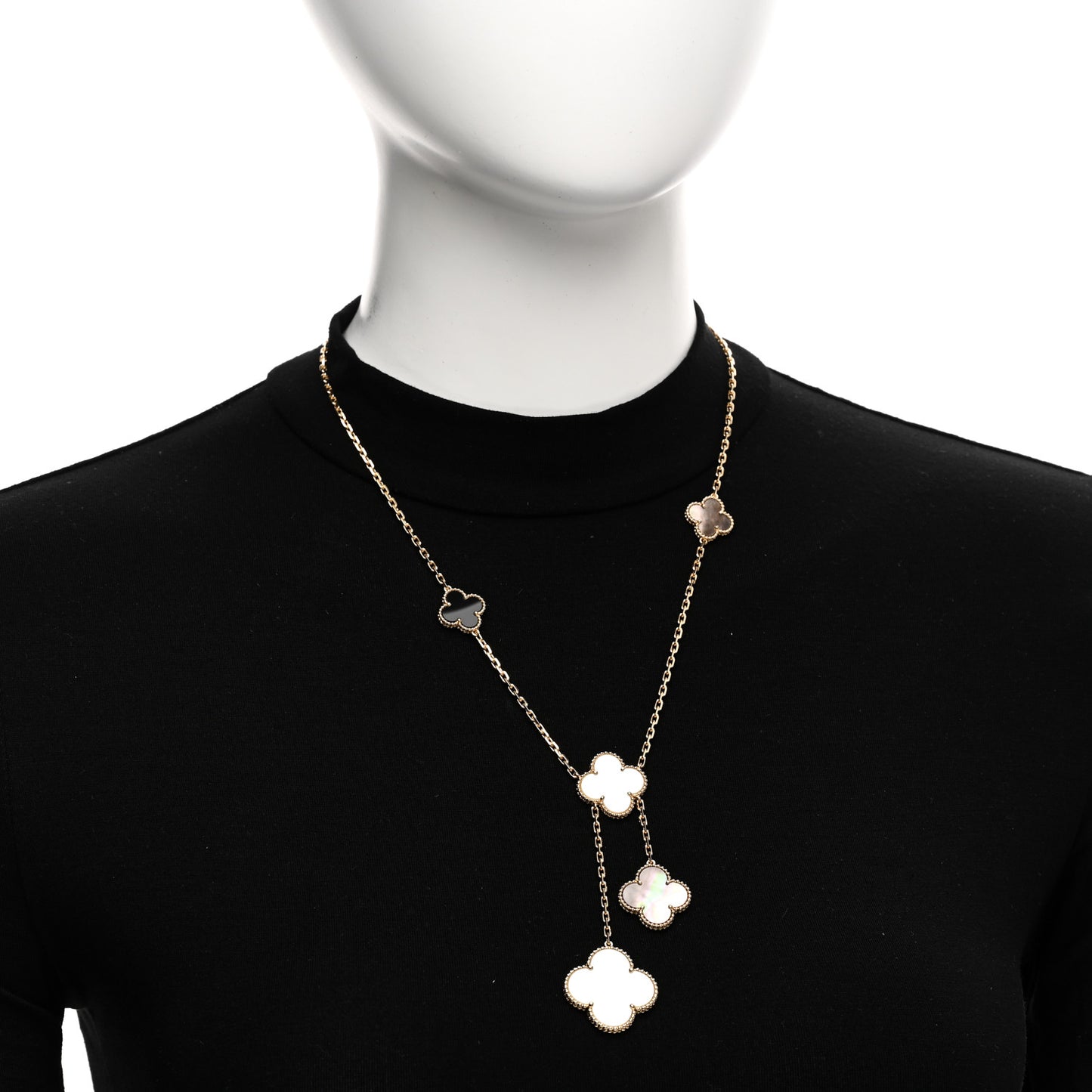 18K Yellow Gold Mother of Pearl Onyx 6 Motifs Magic Alhambra Necklace