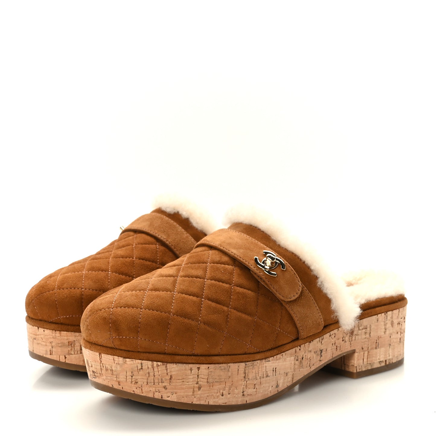 Suede Calfskin Shearling Turn Lock Clogs 39 Brown